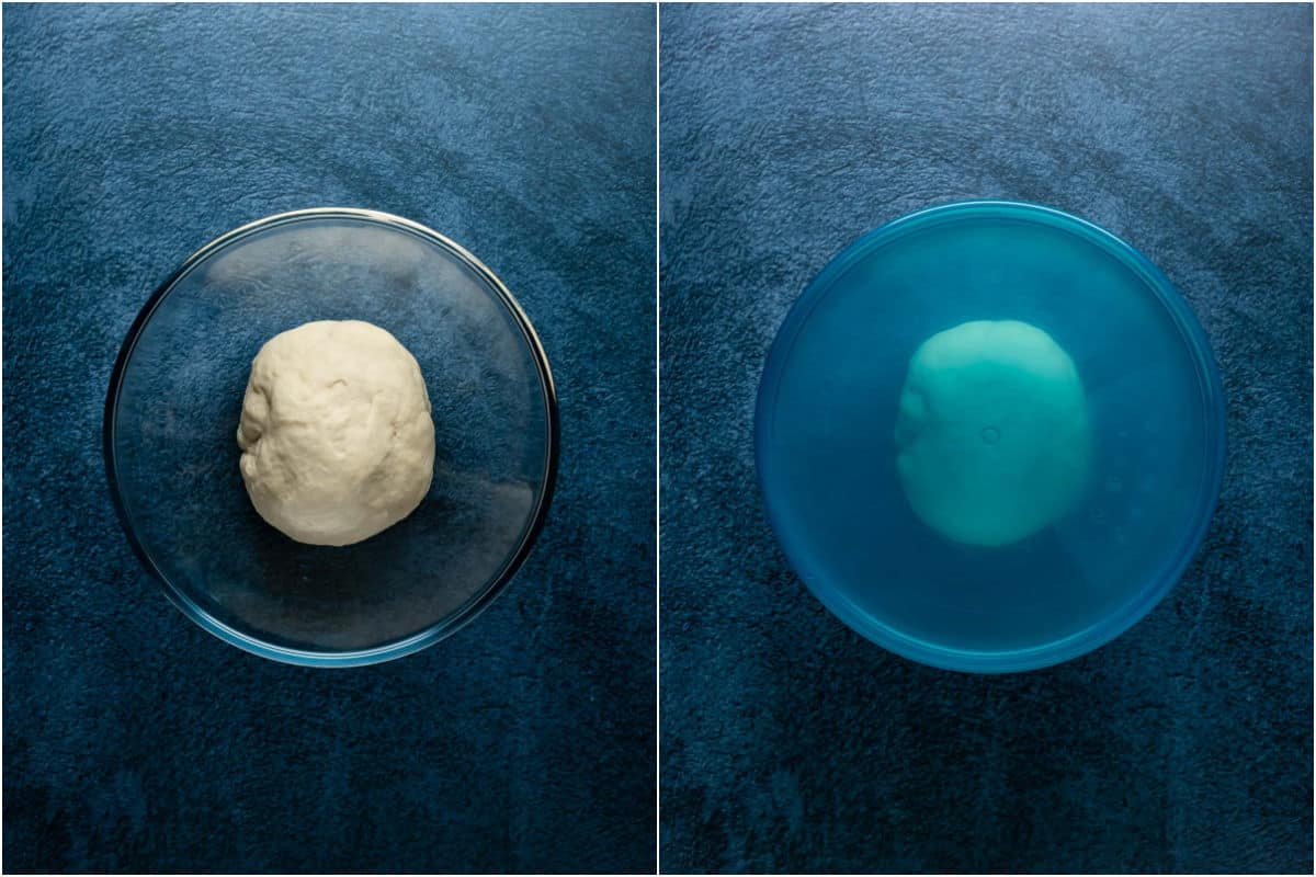 Two photo collage showing dough ball added to glass bowl and covered.