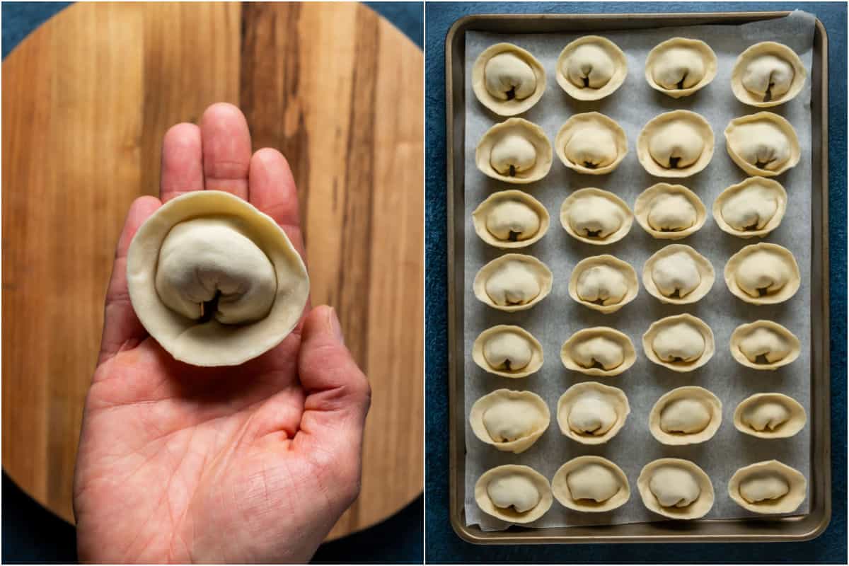Two photo collage showing the folded dumplings placed onto a parchment lined tray.