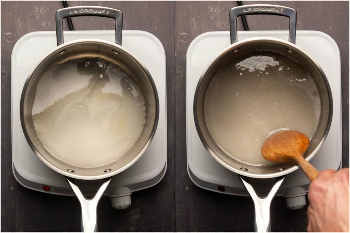 Two photo collage showing sugar and water added to a saucepan and heated together until the sugar is melted.
