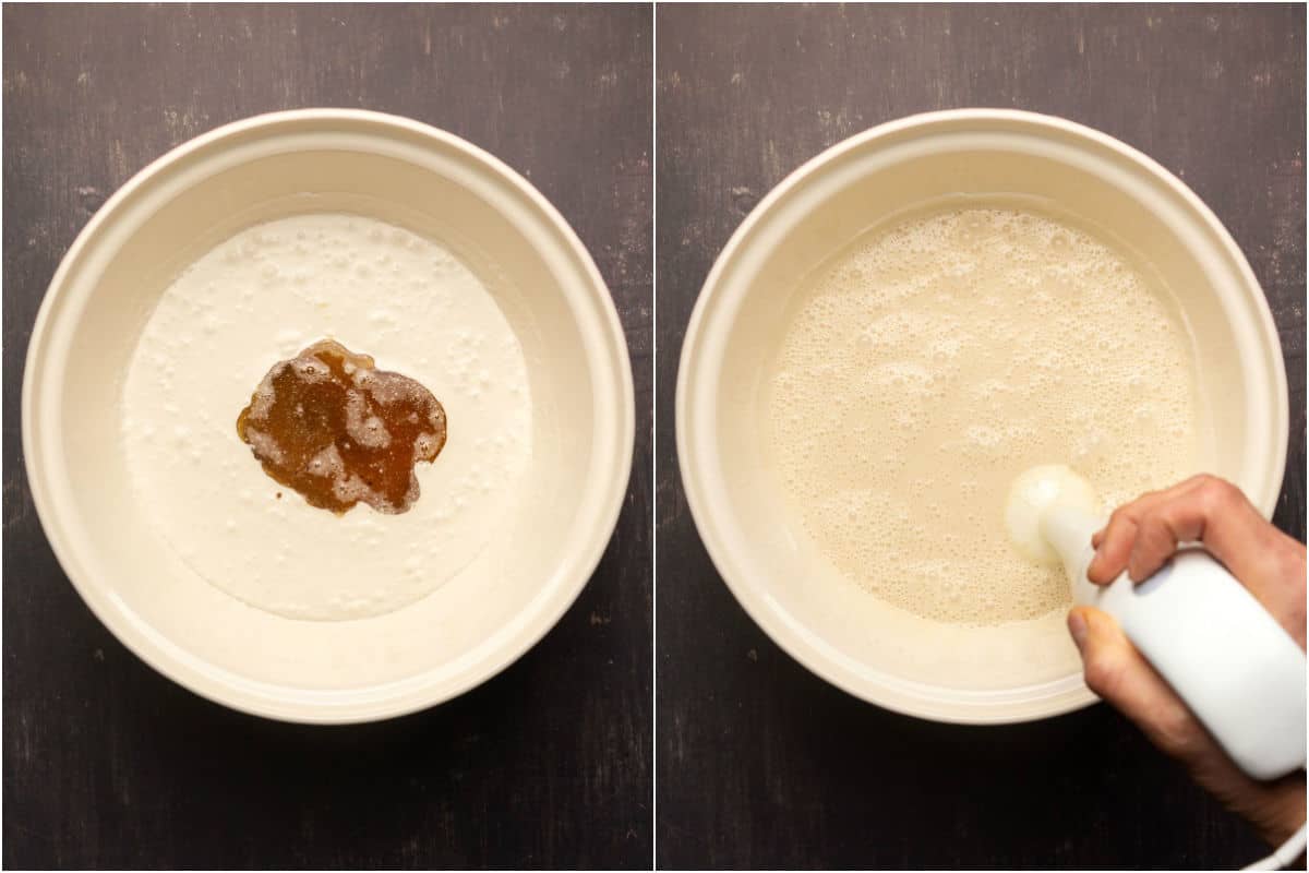 Two photo collage showing melted sugar, cacao butter and coconut oil added to cashew milk and coconut milk in bowl and then blended with an immersion blender.