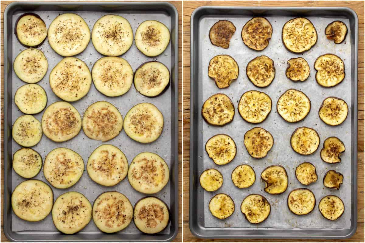 Two photo collage showing slices of eggplant on a baking tray before and after baking. 