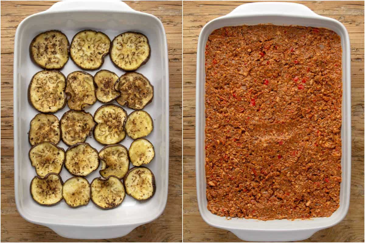 Two photo collage showing roasted eggplant added to white baking dish and then topped with vegan mince.