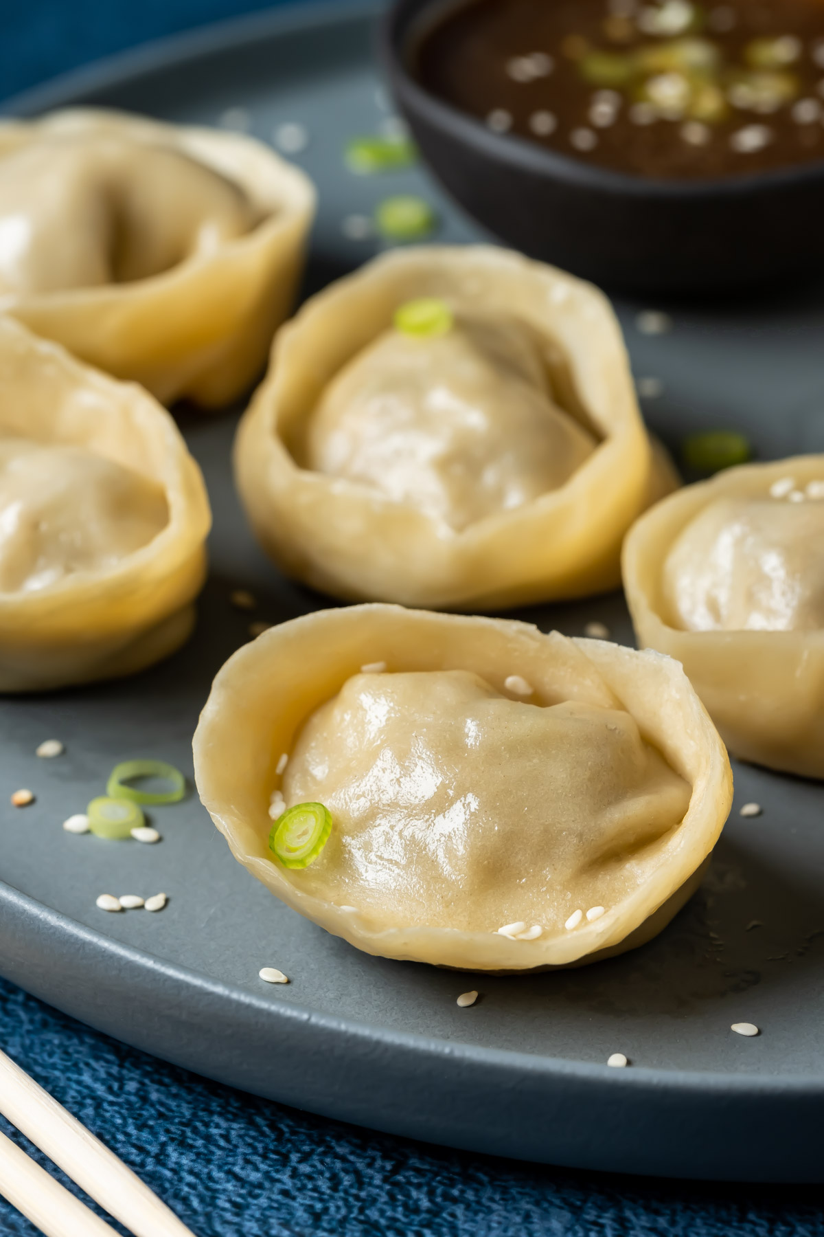 Dumplings on a plate with chopped green onions.