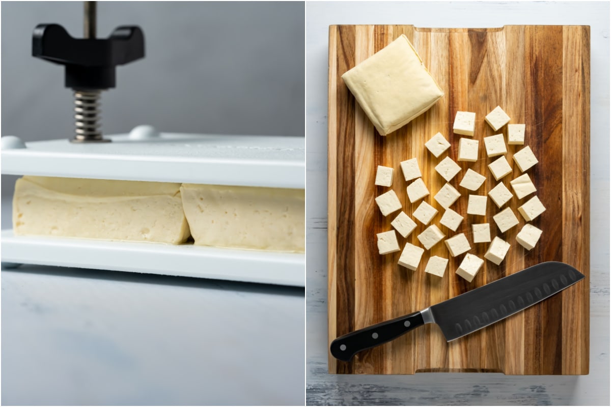 Two photo collage showing tofu pressing in a tofu press and then cut into cubes on a wooden board.