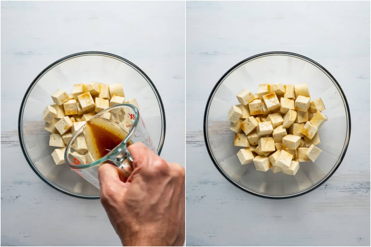 Two photo collage showing tofu cubes added to a bowl and sauce poured over the top.