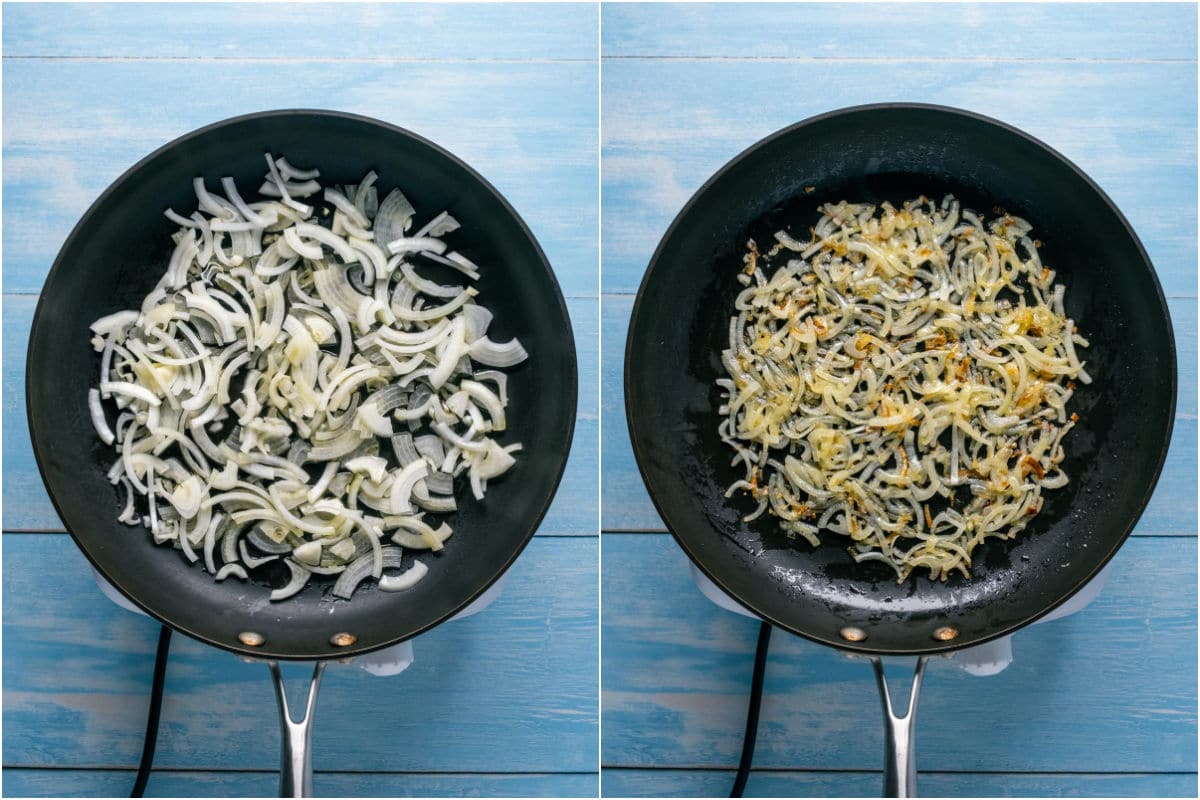 Two photo collage showing onion and olive oil added to frying pan and sautéed.