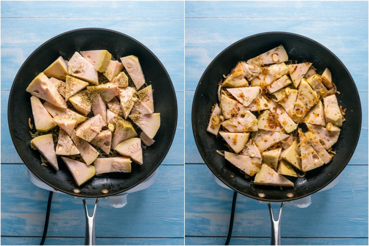 Two photo collage showing jackfruit and oregano added to frying pan and cooked for 3 minutes.