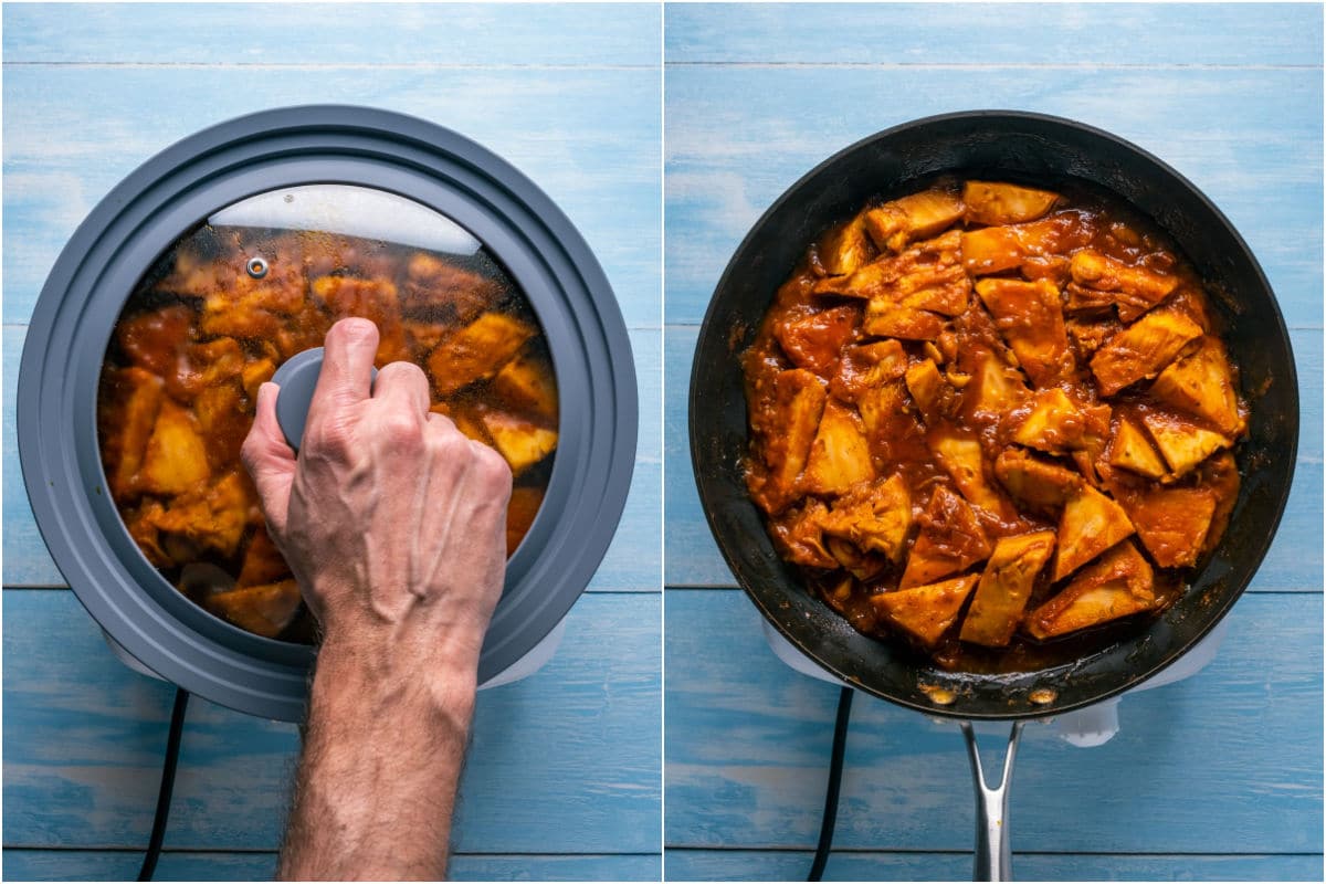 Two photo collage showing cover removed from pan to show the cooked jackfruit.