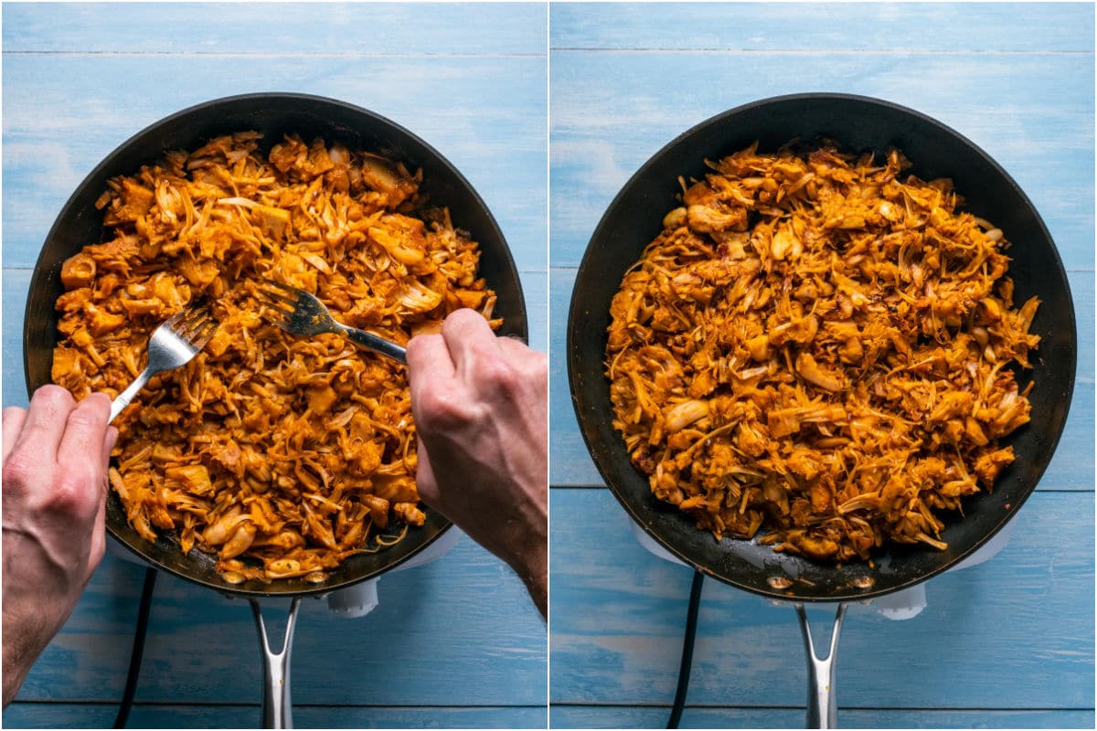 Two photo collage showing two forks shredding the jackfruit in the pan.