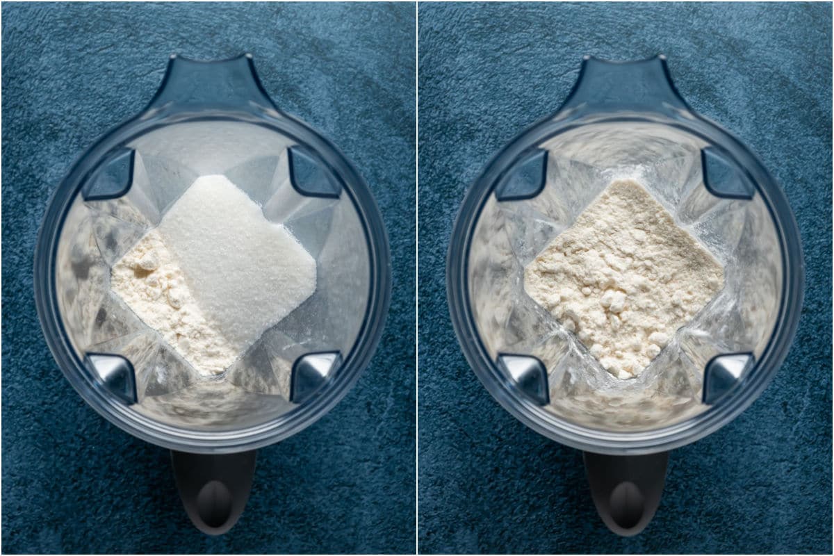 Two photo collage showing soy milk powder and granulated sugar added to blender jug and mixed together.