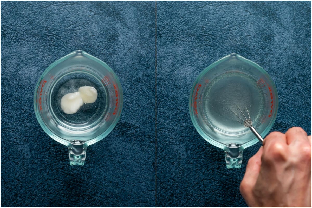 Two photo collage showing coconut oil and salt added to hot water and mixed together.