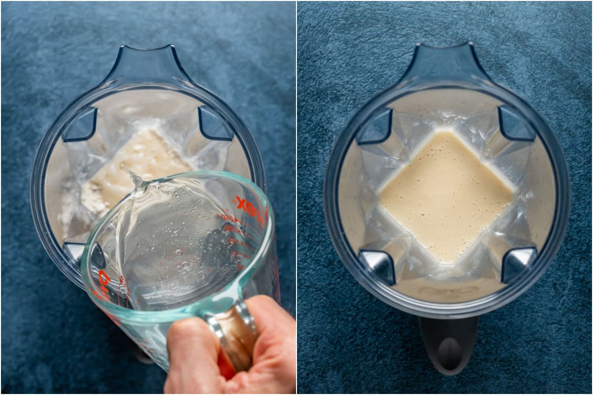Two photo collage showing hot water, coconut oil and salt poured in with dry ingredients in the blender and blended into condensed milk.