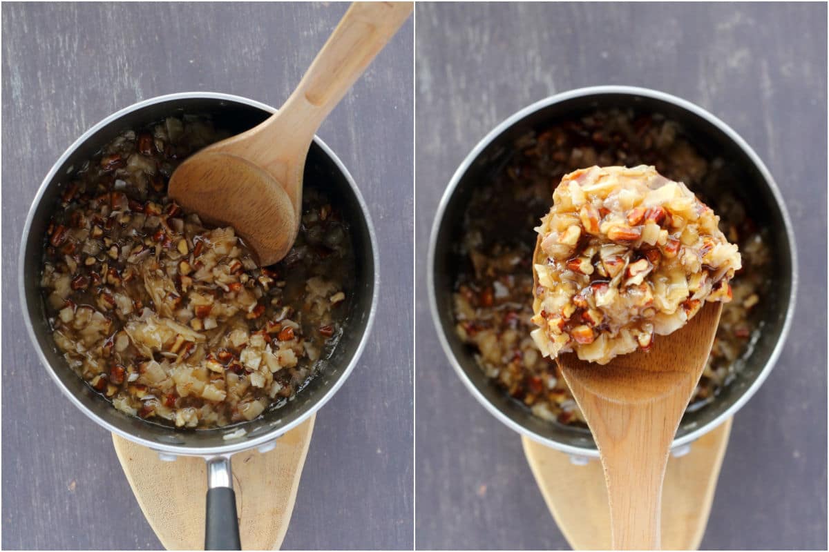 Two photo collage showing pecan filling in a pot with a wooden spoon.