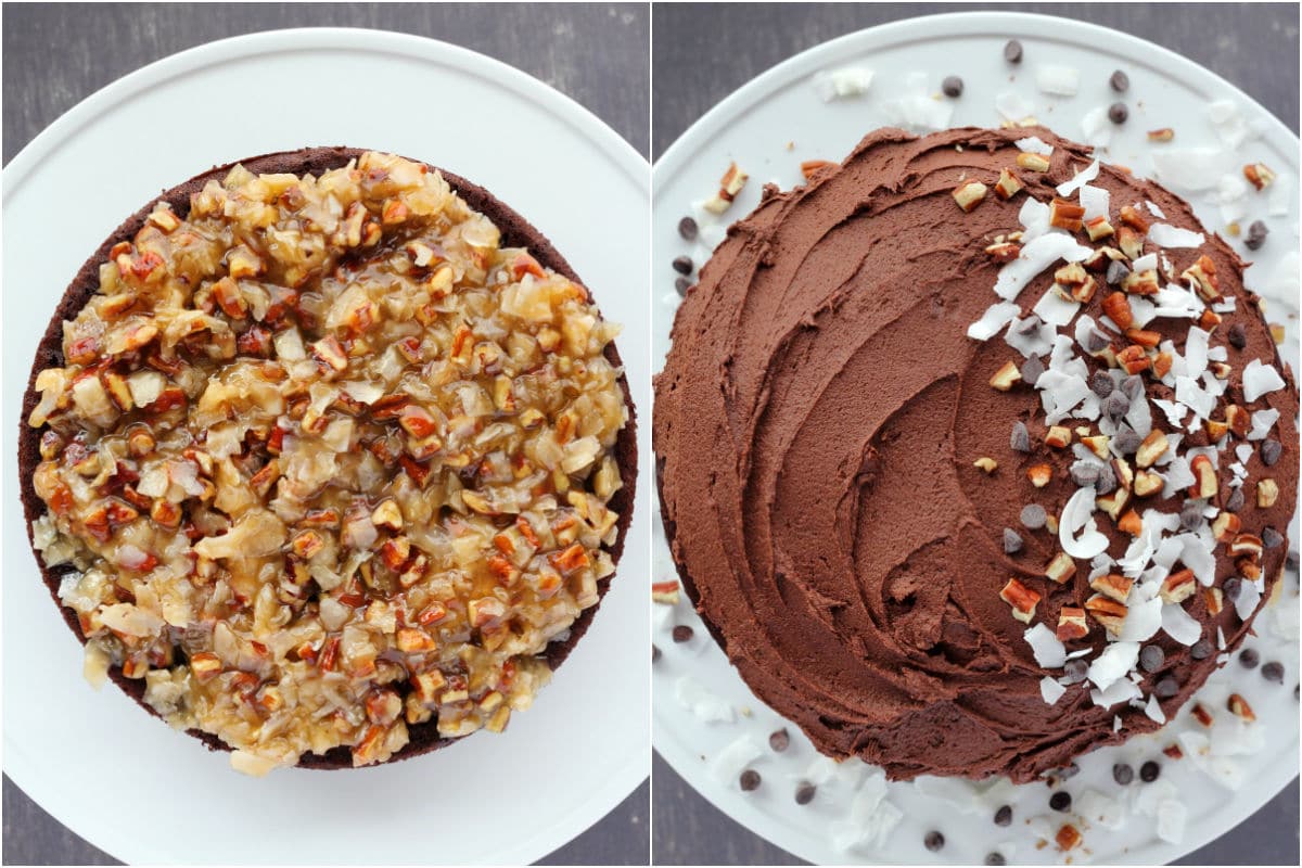 Two photo collage showing pecan filling added to middle of the cake and then the fully frosted cake.