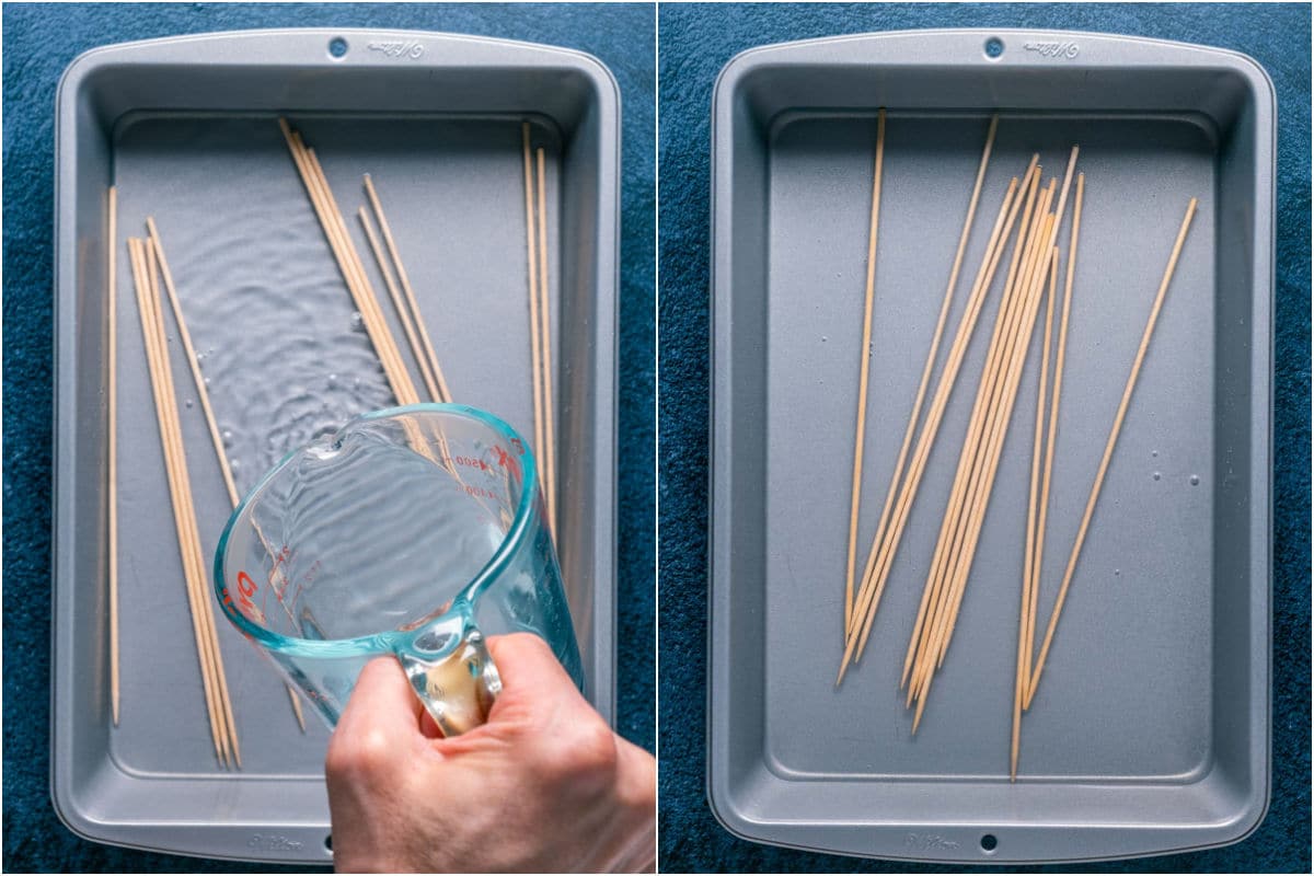 Two photo collage showing wooden skewers in a baking dish with water poured over the top.
