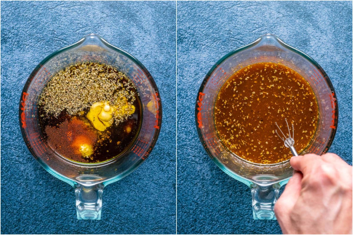 Two photo collage showing ingredients for marinade sauce added to a measuring jug and whisked together.