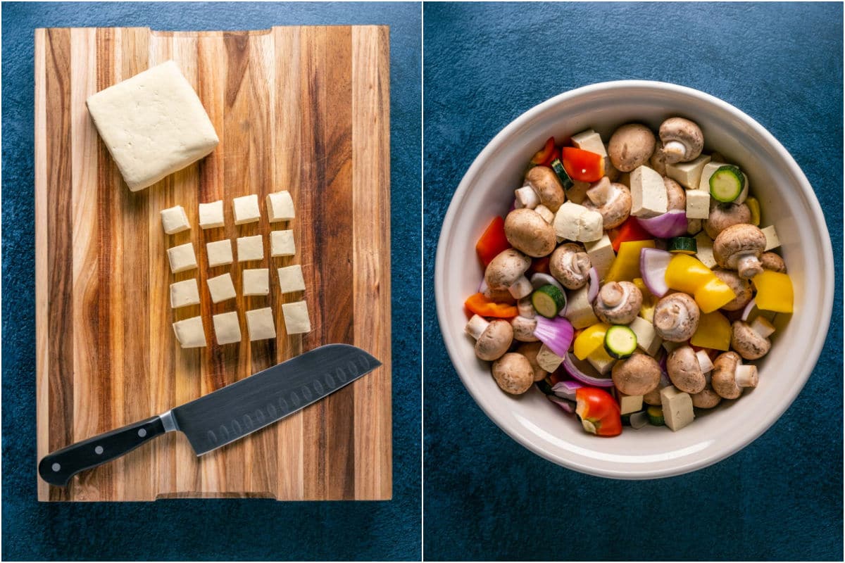 Two photo collage showing tofu being cut into cubes and then veggies and tofu in a mixing bowl.