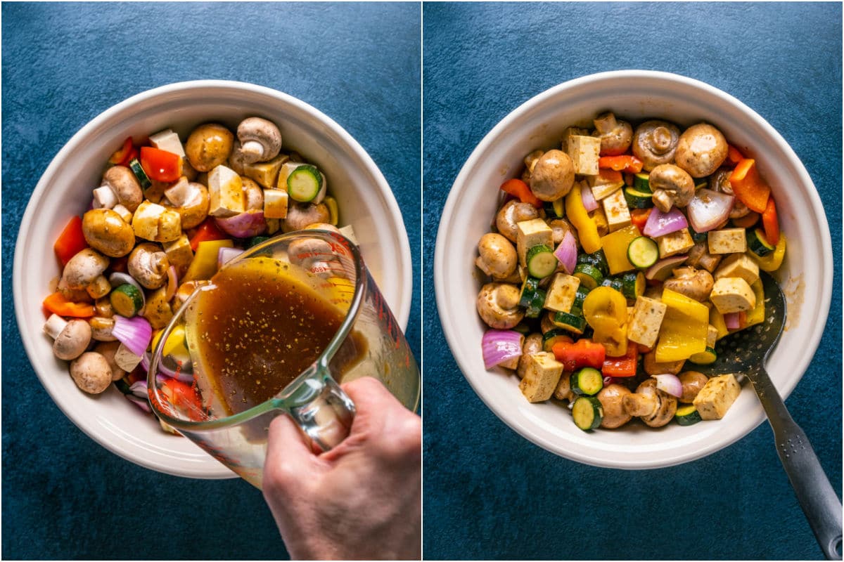 Two photo collage showing marinade sauce being poured over veggies and tofu in mixing bowl and tossed together.