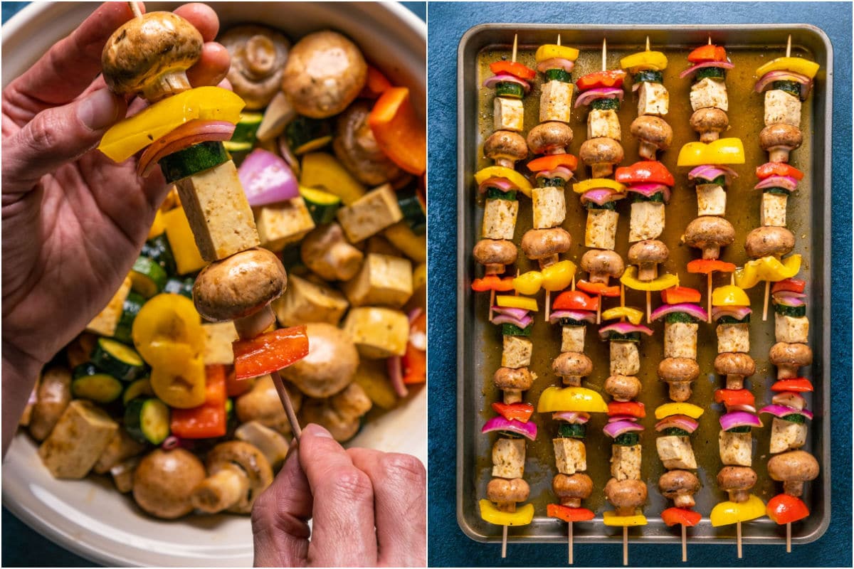 Two photo collage showing veggies and tofu being put onto skewers and then placed onto a baking sheet.