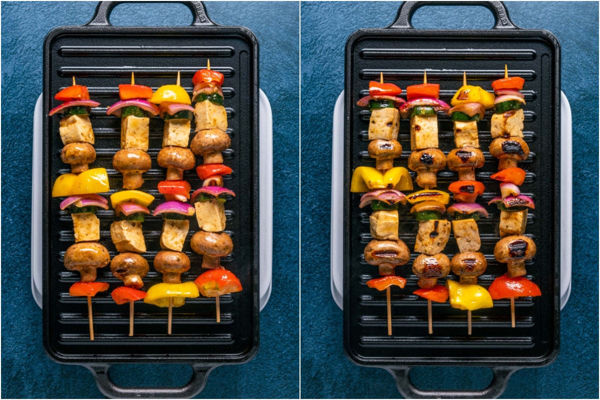 Two photo collage showing kebabs placed on hot grill and then flipped over.