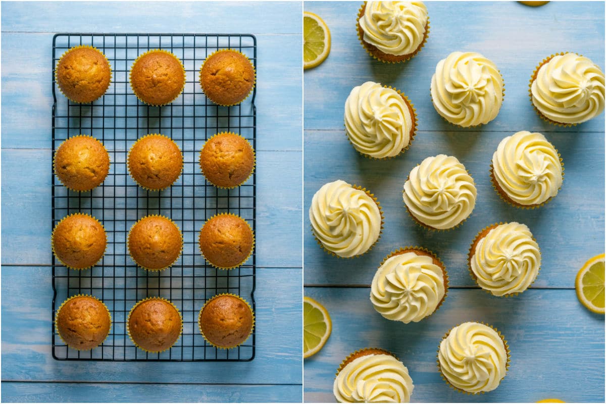 Two photo collage showing cupcakes cooling on a wire cooling rack and then frosted.