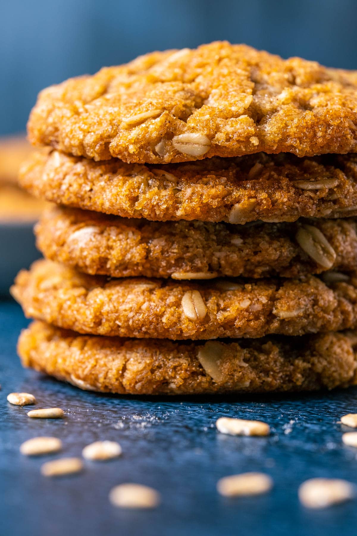 Close up on a stack of vegan oatmeal cookies.