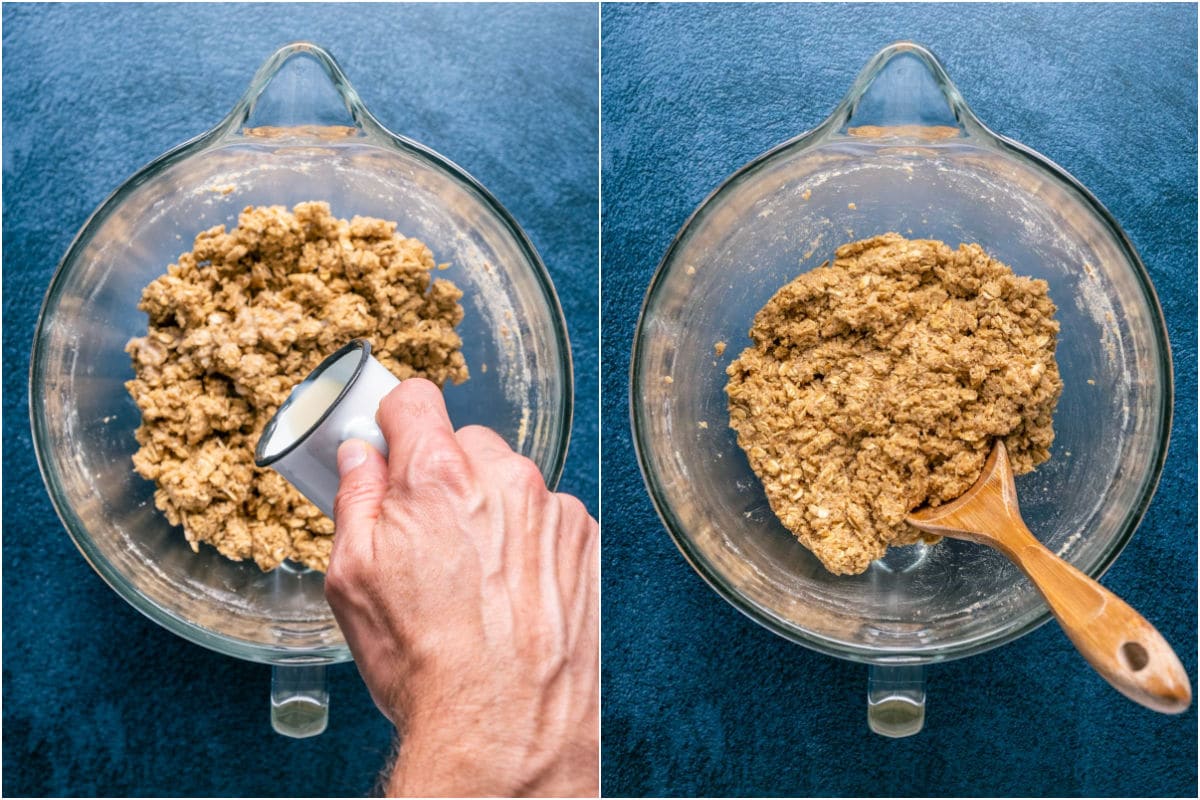 Two photo collage showing soy milk added to cookie dough and mixed in.