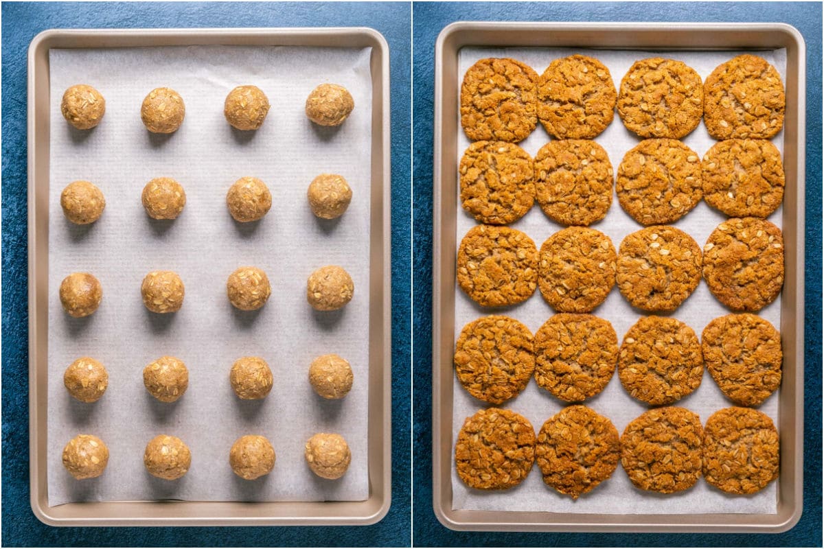 Two photo collage showing oatmeal cookies rolled into balls on a parchment lined tray and then the freshly baked cookies.