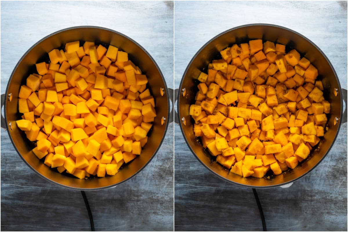 Two photo collage showing chopped butternut added to pot and tossed with onions.