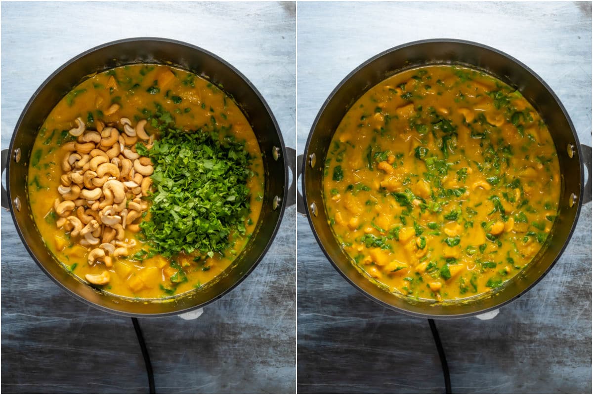 Two photo collage showing roasted cashews and chopped cilantro added to pot and mixed in.