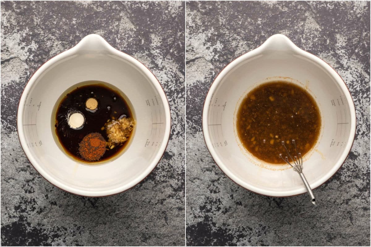 Collage of two photos showing ingredients for marinade sauce added to bowl and mixed.