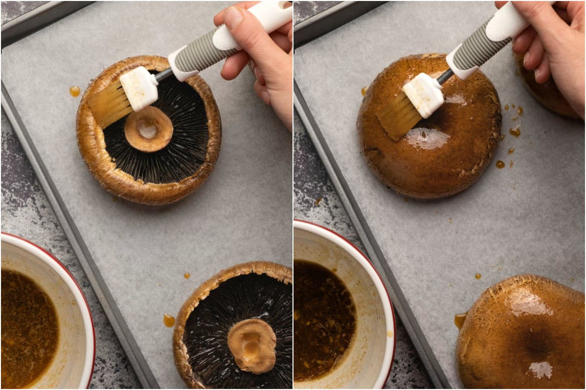 Two photo collage showing brushing marinade sauce on both sides of portobello mushrooms.
