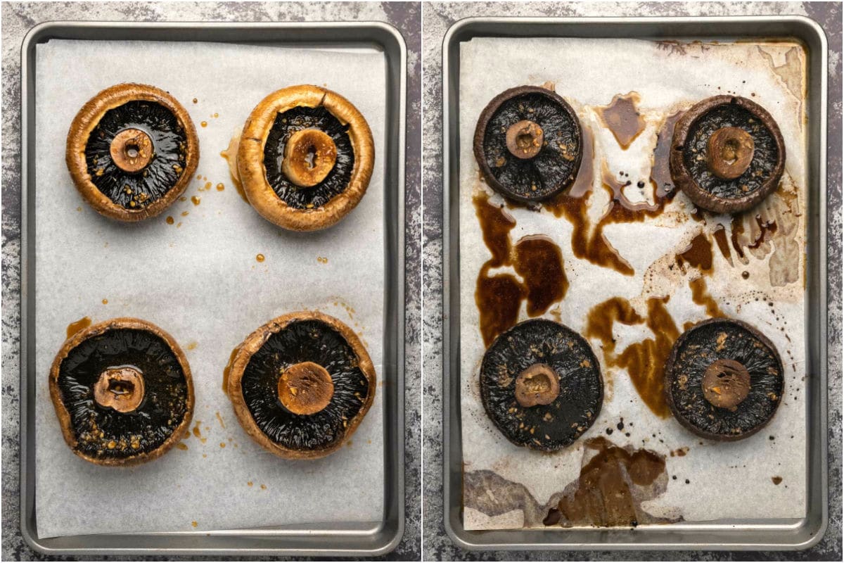 Two photo collage showing portobello mushrooms on a parchment lined baking tray before and after baking.