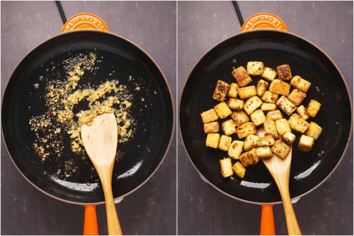 Two photo collage showing sesame oil, garlic, ginger and red chili flakes sautéeing in a pan and then tofu added.