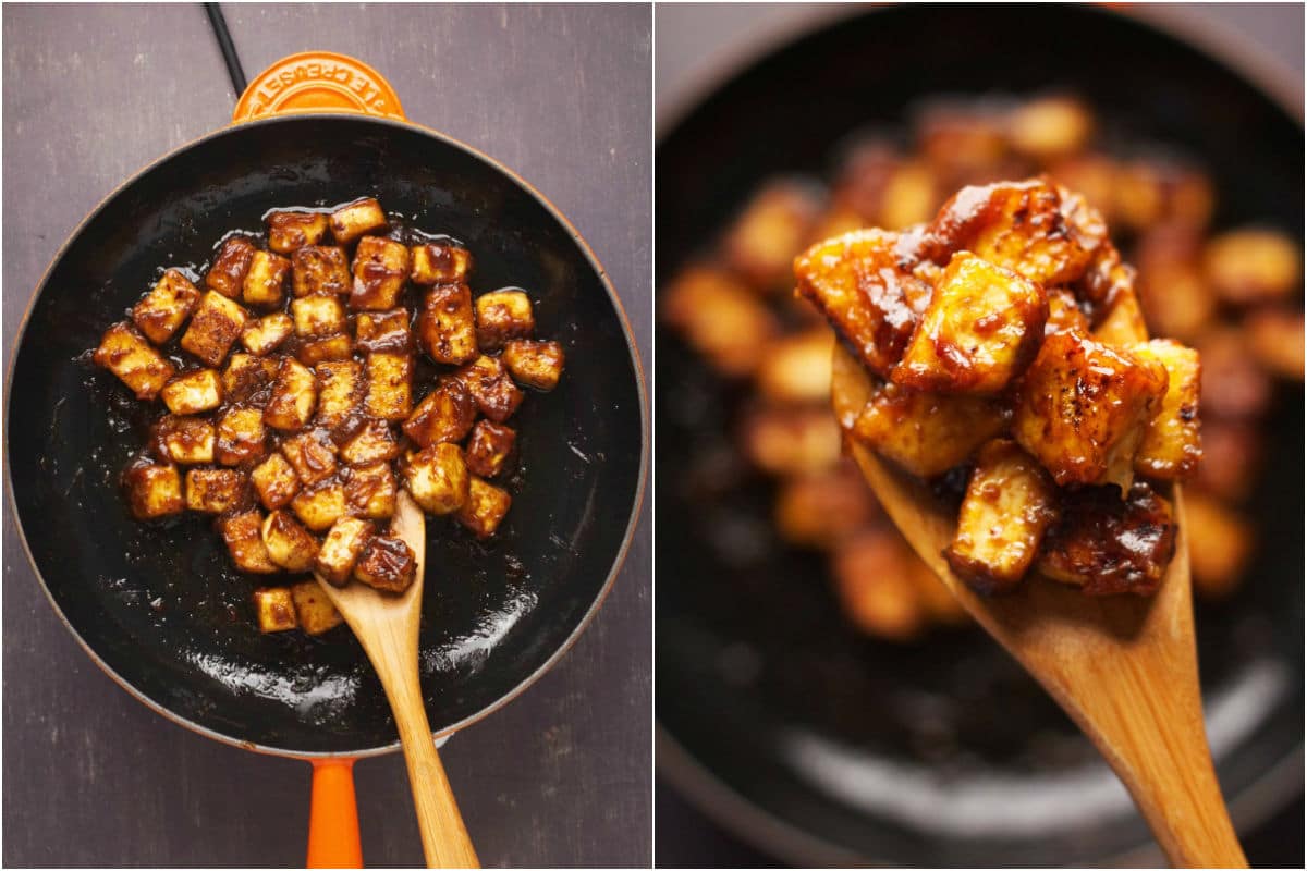 Two photo collage showing general tso's tofu in a frying pan.
