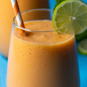 Papaya smoothie in a glass with a striped straw, fresh lime and fresh mint.