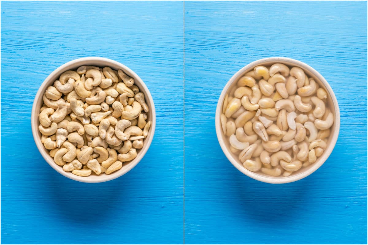 Two photo collage showing cashews in a bowl and then soaked.