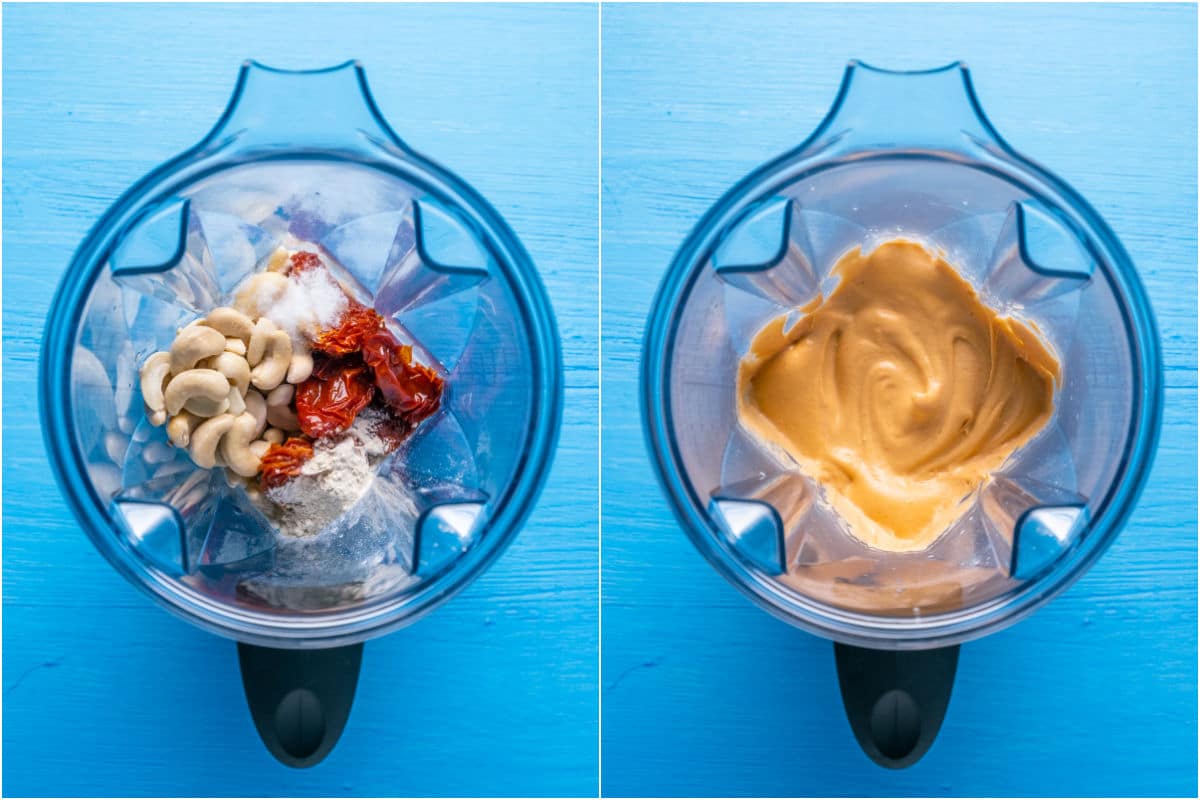 Two photo collage showing ingredients added to blender and blended.
