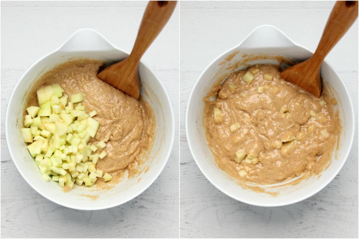 Two photo collage showing chopped apple added to mixing bowl and folded into the batter. 