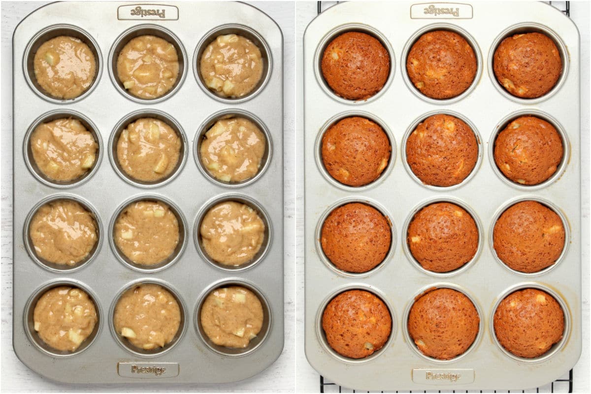 Two photo collage showing apple muffins in a muffin tray before and after baking.