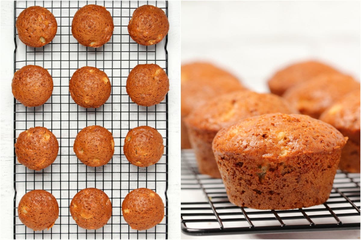 Two photo collage showing apple muffins cooling on a wire cooling rack.
