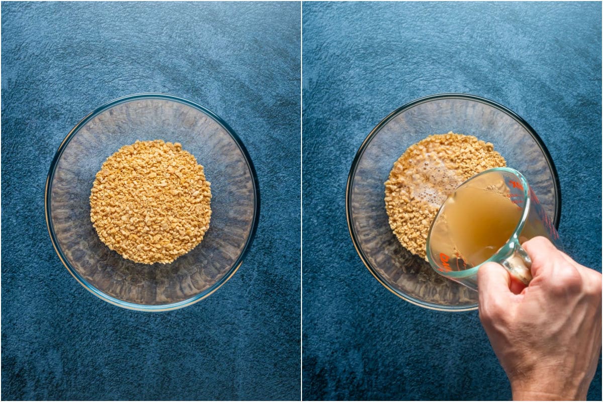 Two photo collage showing textured vegetable protein in a glass dish and vegetable stock poured over the top.