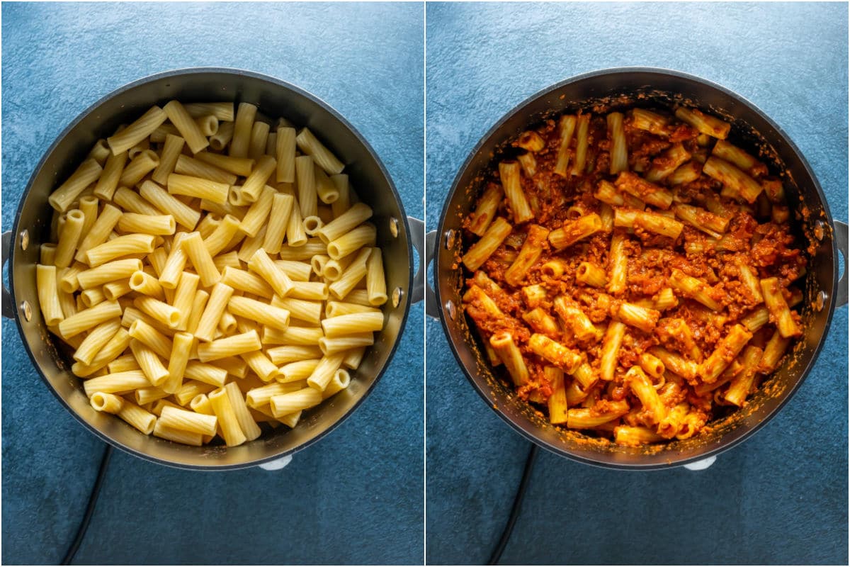 Two photo collage showing cooked pasta added to veggie mince and mixed together.