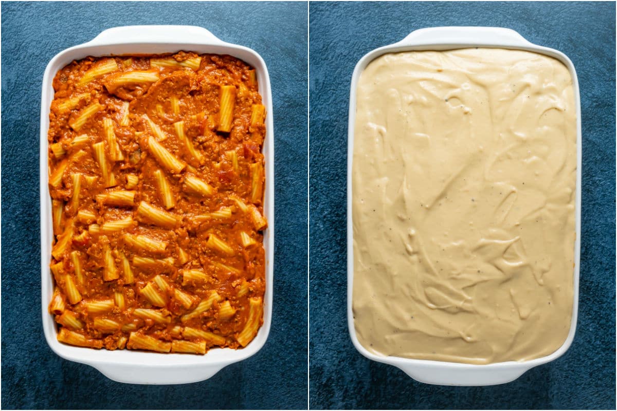 Two photo collage showing pasta and veggie mince added to white baking dish, and topped with cheese sauce.