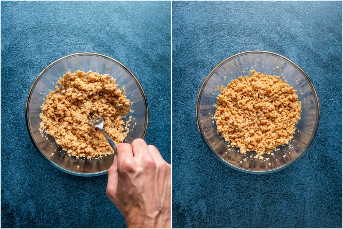 Two photo collage showing stirring the TVP and then letting it sit in a glass bowl.