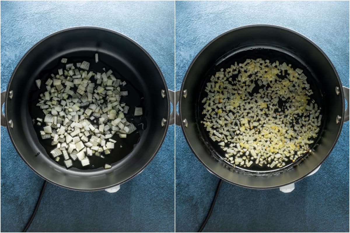 Collage of two photos showing chopped onions and oil added to pot and sautéed.