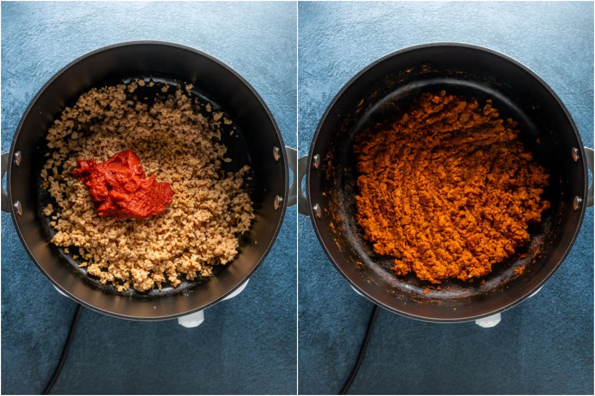 Two photo collage showing TVP and tomato paste added to pot and sautéed.