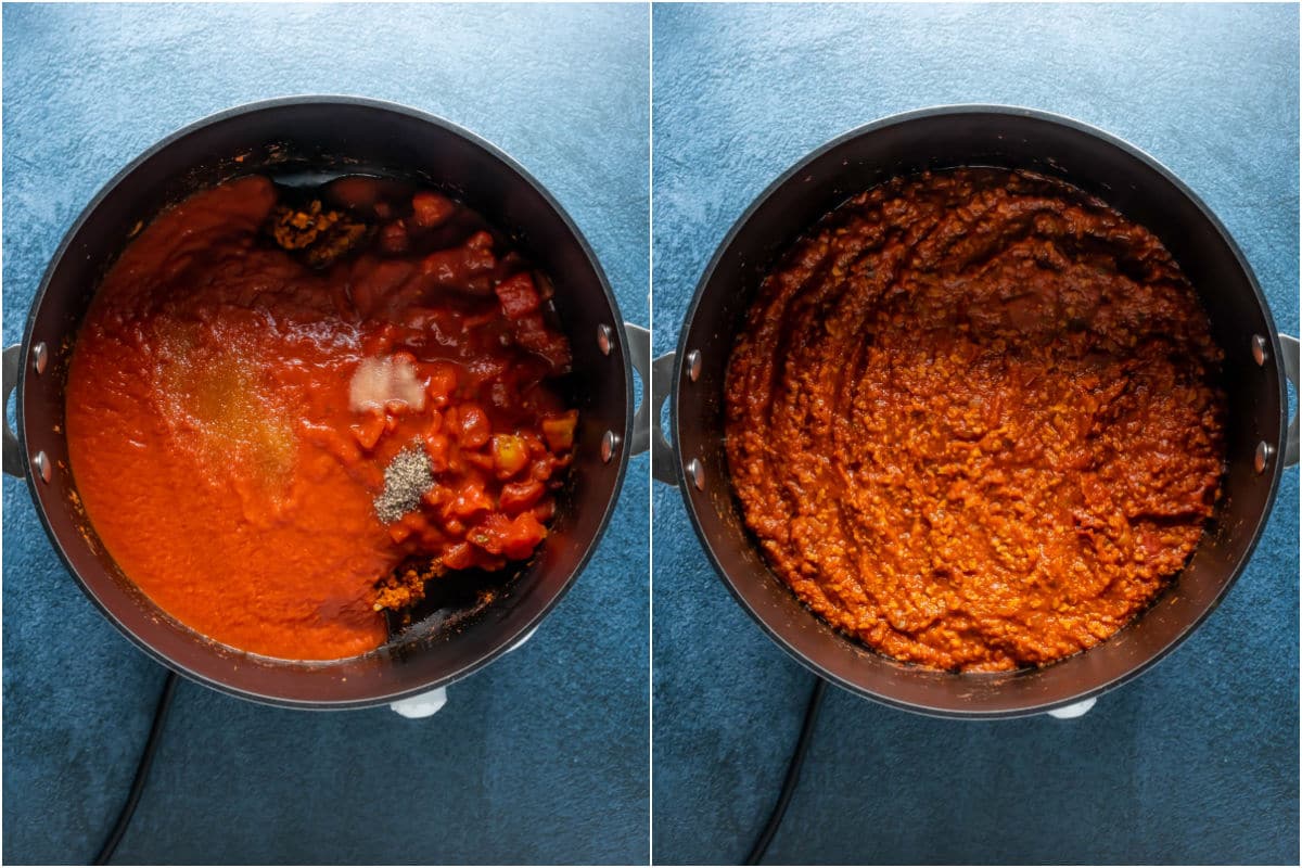 Two photo collage showing crushed tomatoes, chopped tomatoes, sugar, salt and pepper added to pot and sautéed into a mince.