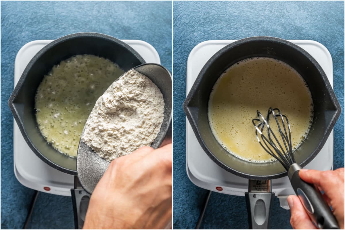 Two photo collage showing oil and flour added to saucepan and sautéed.