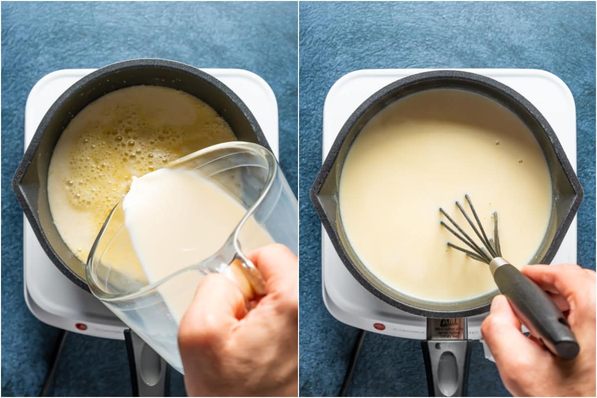 Two photo collage showing soy milk added to saucepan and whisked in.